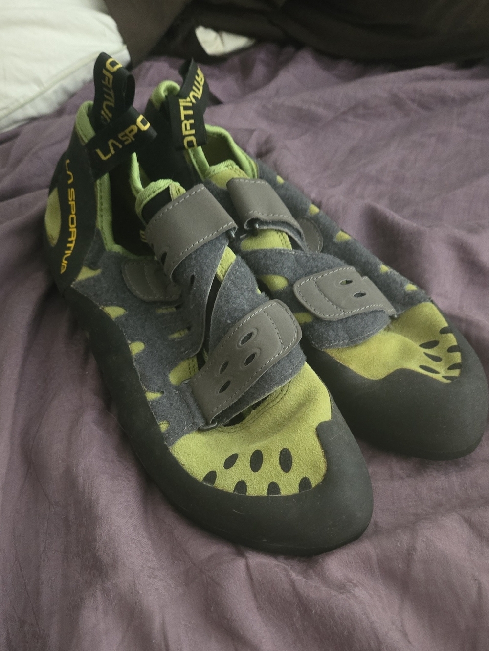 La Sportiva Black and Olive Green Climbing Shoes with Yellow Logo
